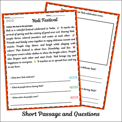 Holi Festival | Short Reading Comprehension Creative Worksheet