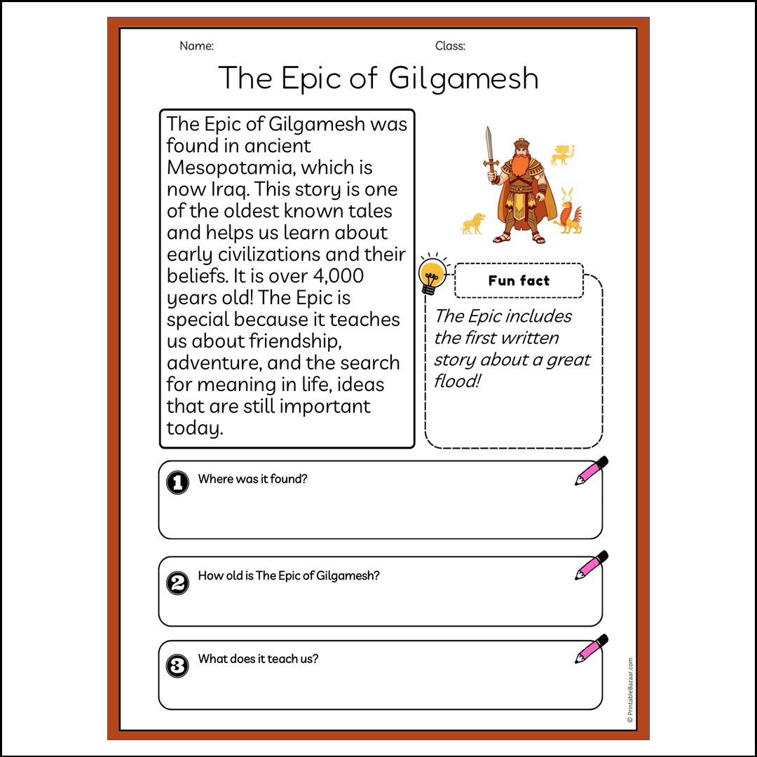 The Epic of Gilgamesh | Reading Passage Comprehension Questions Writing Facts Worksheet