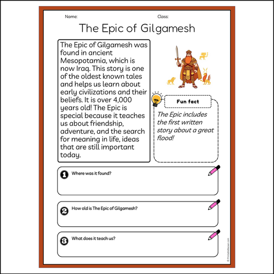 The Epic of Gilgamesh | Reading Passage Comprehension Questions Writing Facts Worksheet