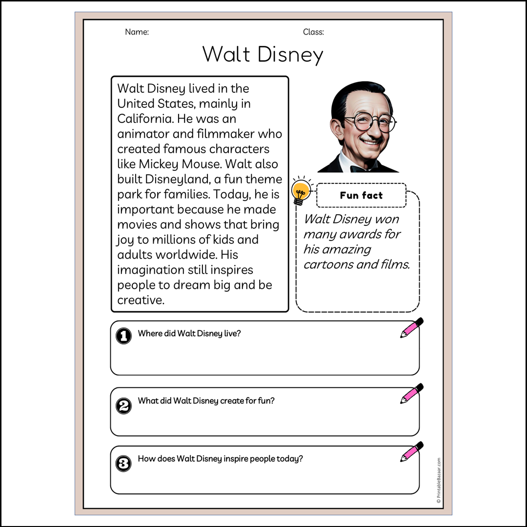 Walt Disney | Reading Passage Comprehension Questions Writing Facts Worksheet