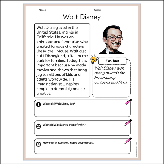 Walt Disney | Reading Passage Comprehension Questions Writing Facts Worksheet