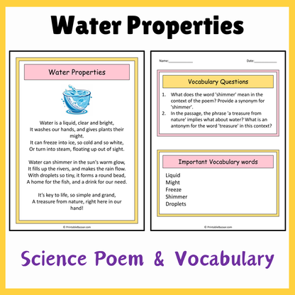 Water Properties | Science Poem Reading Comprehension Activity