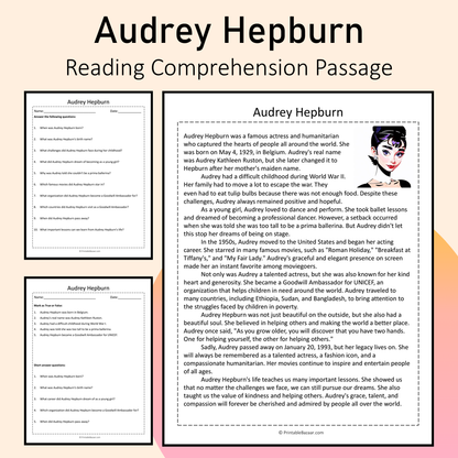 Audrey Hepburn | Reading Comprehension Passage Printable Activity