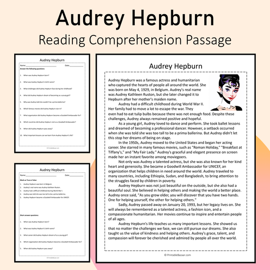 Audrey Hepburn | Reading Comprehension Passage Printable Activity