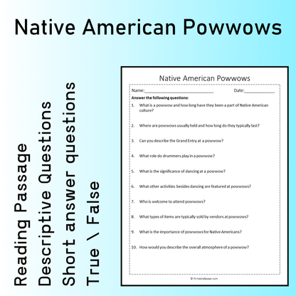 Native American Powwows | Reading Comprehension Passage Printable Worksheet
