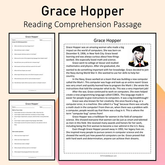 Grace Hopper | Reading Comprehension Passage Printable Activity
