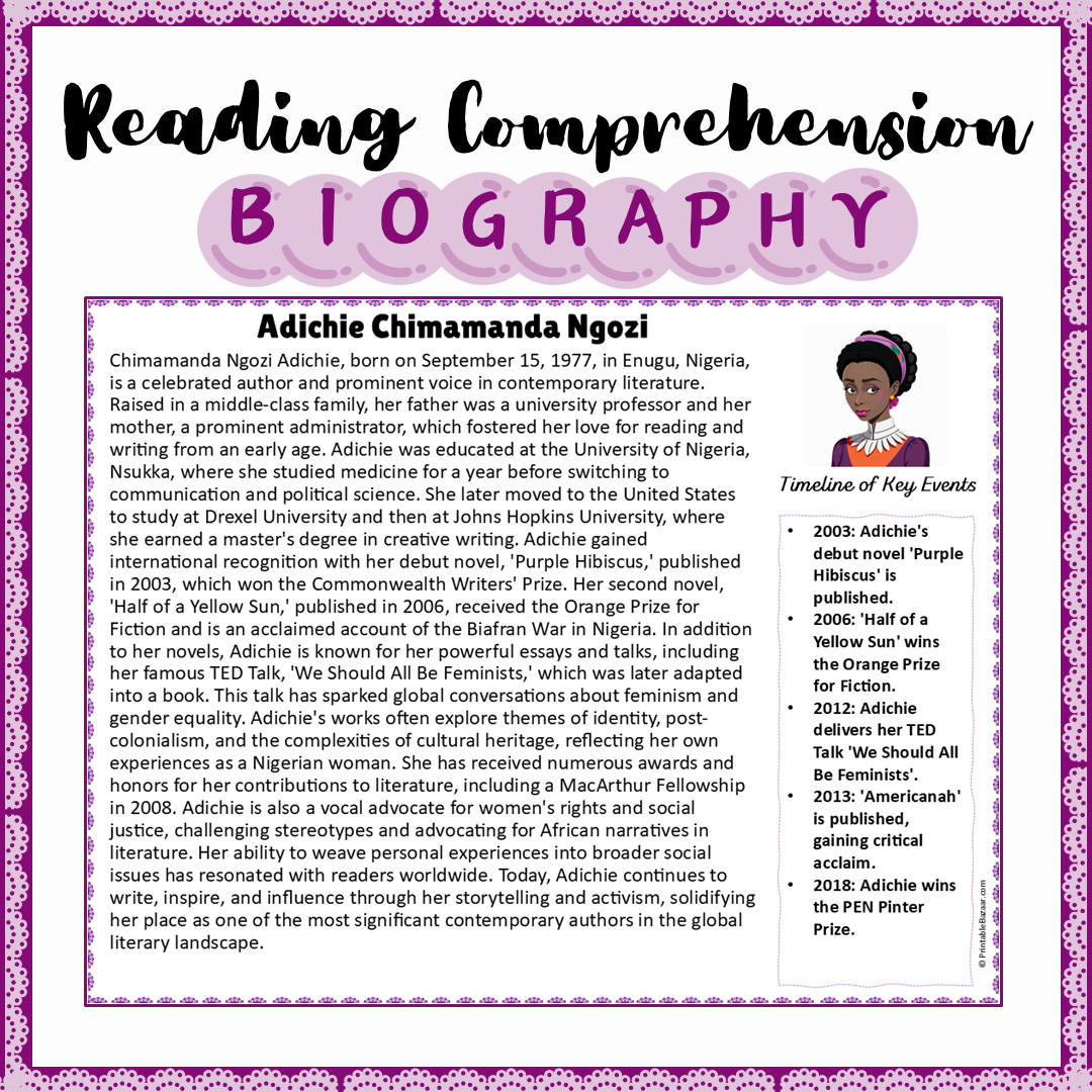 Adichie Chimamanda Ngozi | Biography Reading Comprehension and Questions Worksheet