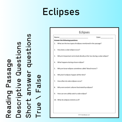 Eclipses | Reading Comprehension Passage Printable Worksheet