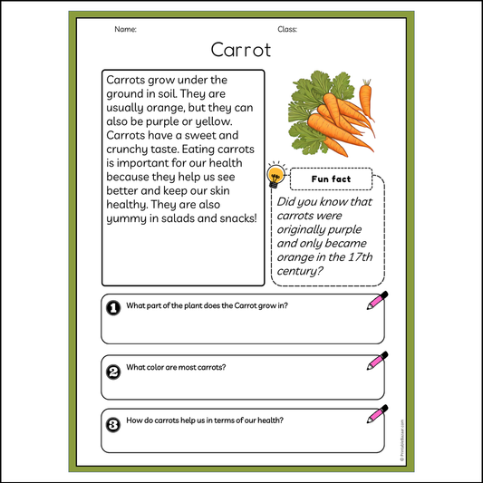 Carrot | Reading Passage Comprehension Questions Writing Facts Worksheet