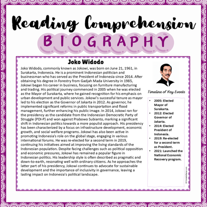 Joko Widodo | Biography Reading Comprehension and Questions Worksheet