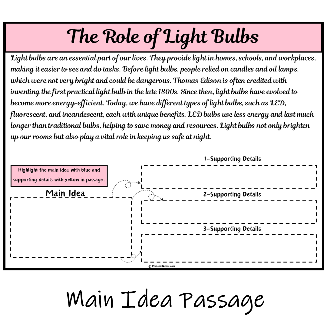 The Role of Light Bulbs | Main Idea and Supporting Details Reading Passage and Questions