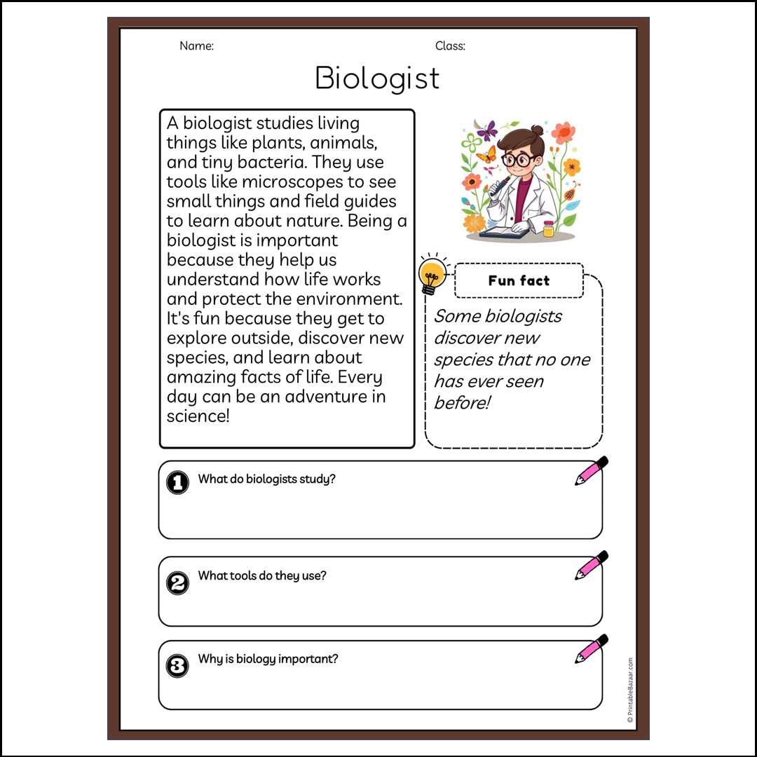 Biologist | Reading Passage Comprehension Questions Writing Facts Worksheet