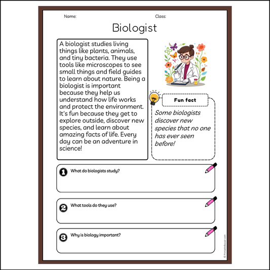 Biologist | Reading Passage Comprehension Questions Writing Facts Worksheet