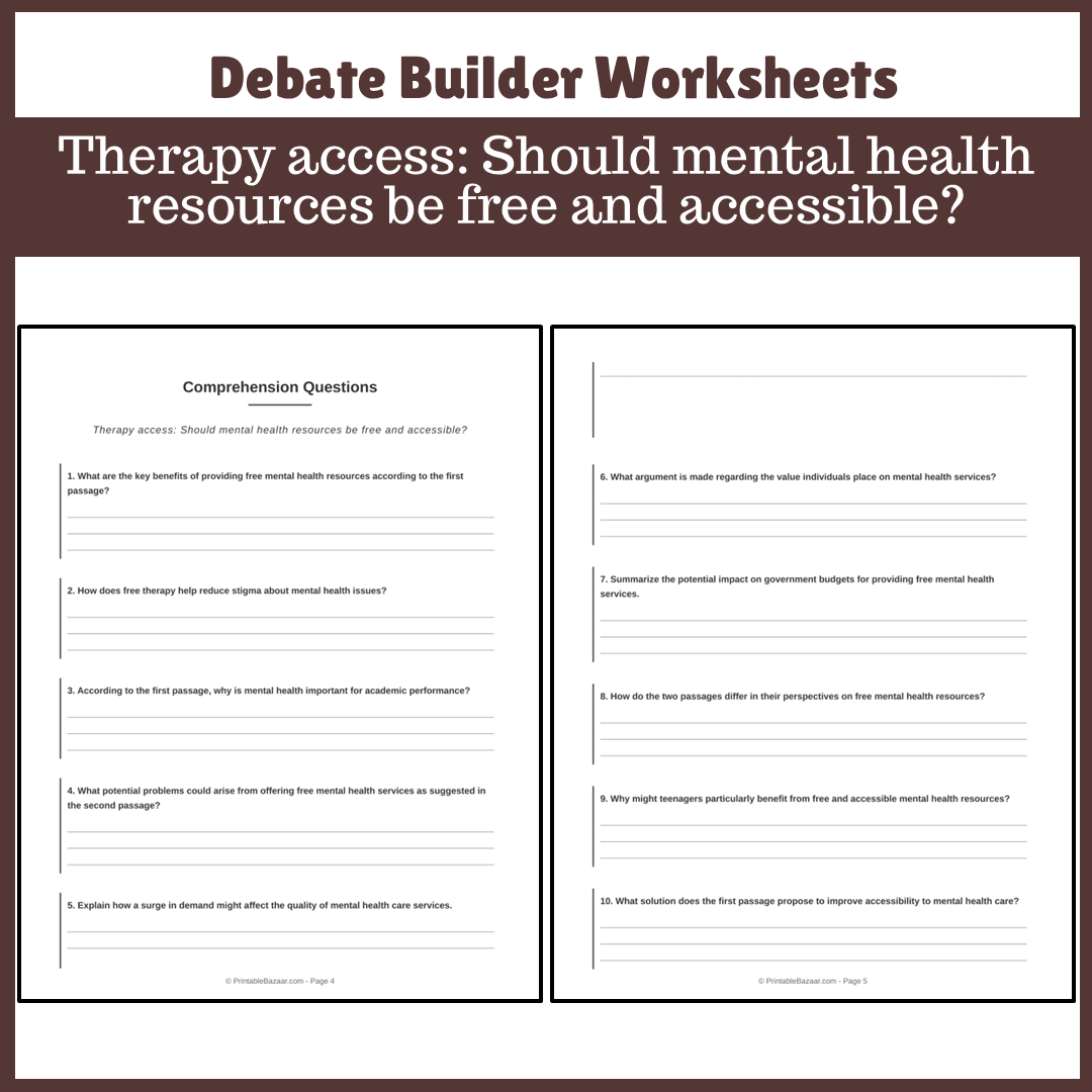 Therapy access: Should mental health resources be free and accessible? | Favour and Against Worksheet Printable Activity