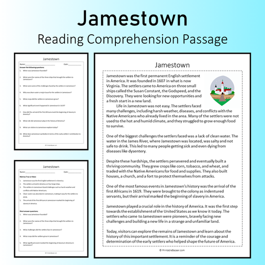 Jamestown | Reading Comprehension Passage Printable Worksheet