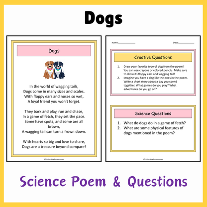 Dogs | Science Poem Reading Comprehension Activity