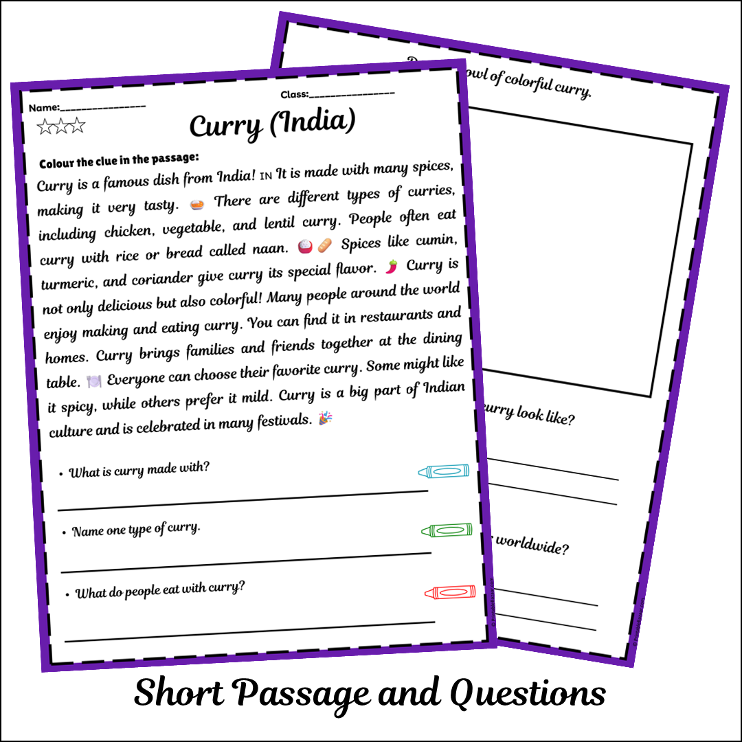 Curry (India) | Short Reading Comprehension Creative Worksheet