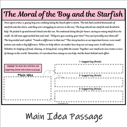 The Moral of the Boy and the Starfish | Main Idea and Supporting Details Reading Passage and Questions