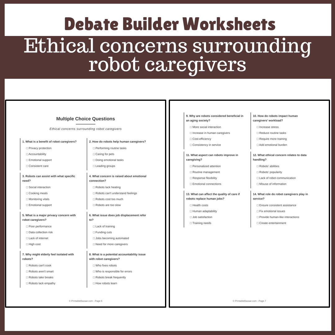 Ethical concerns surrounding robot caregivers | Favour and Against Worksheet Printable Activity