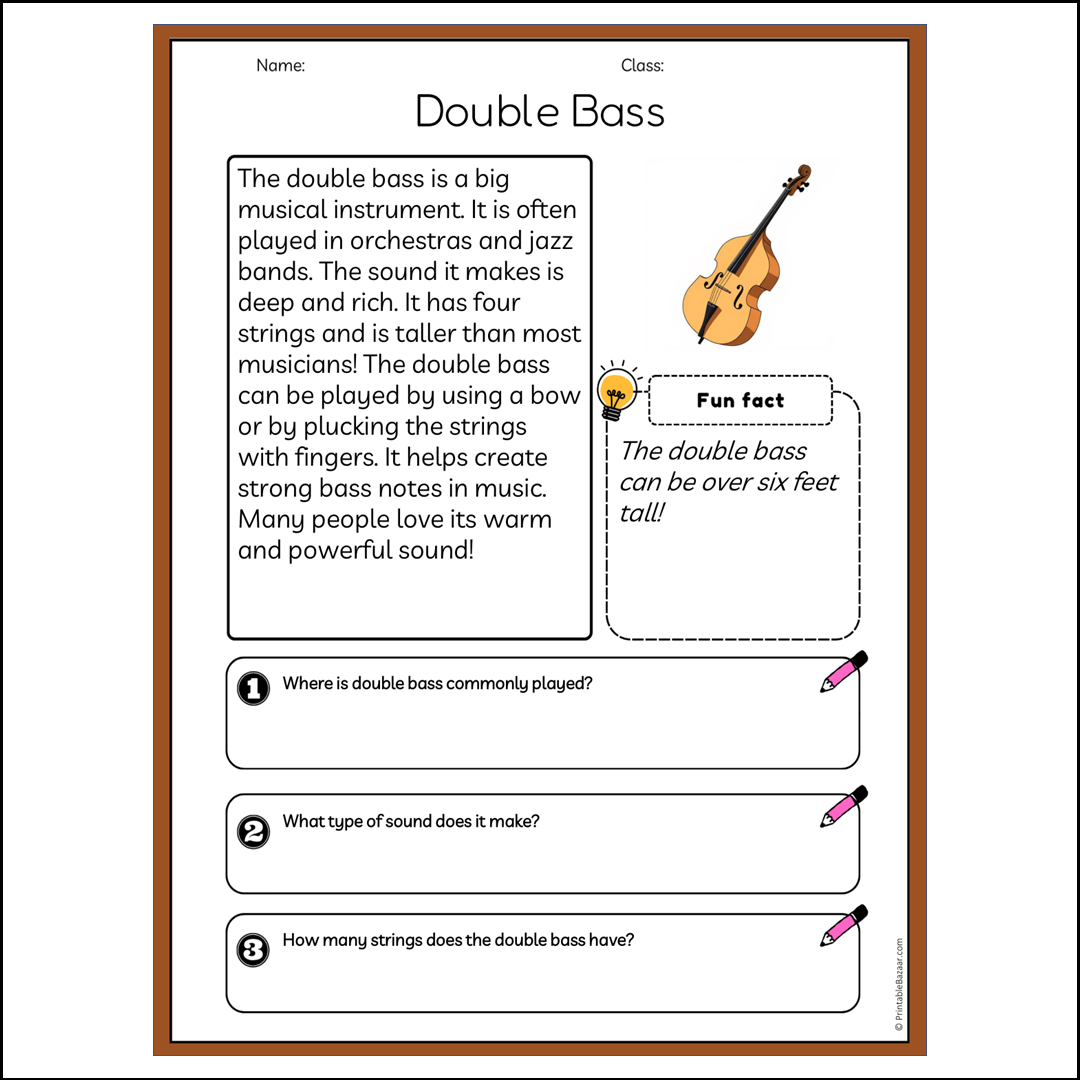 Double Bass | Reading Passage Comprehension Questions Writing Facts Worksheet