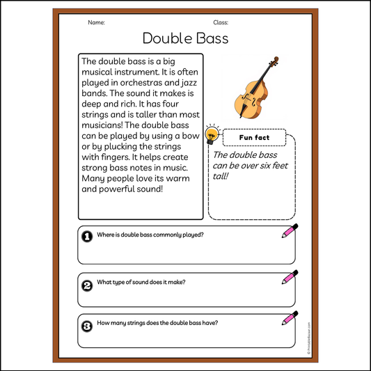 Double Bass | Reading Passage Comprehension Questions Writing Facts Worksheet