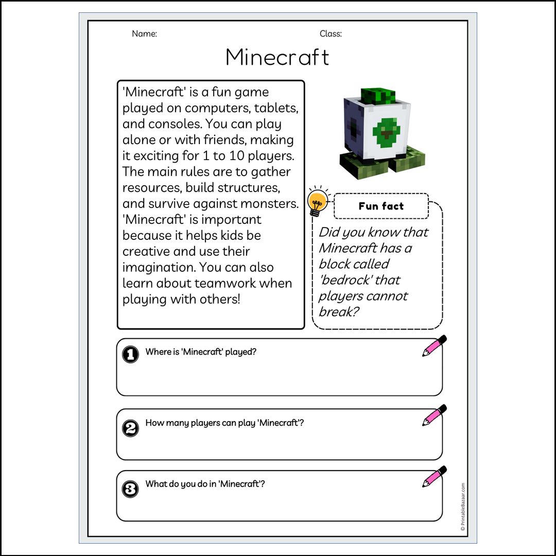 Minecraft | Reading Passage Comprehension Questions Writing Facts Worksheet