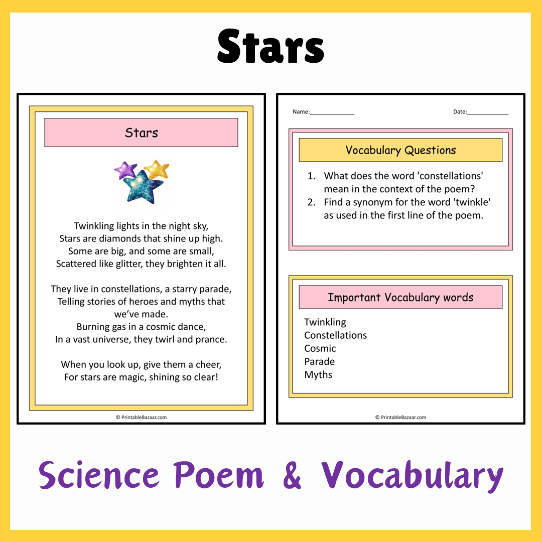 Stars | Science Poem Reading Comprehension Activity