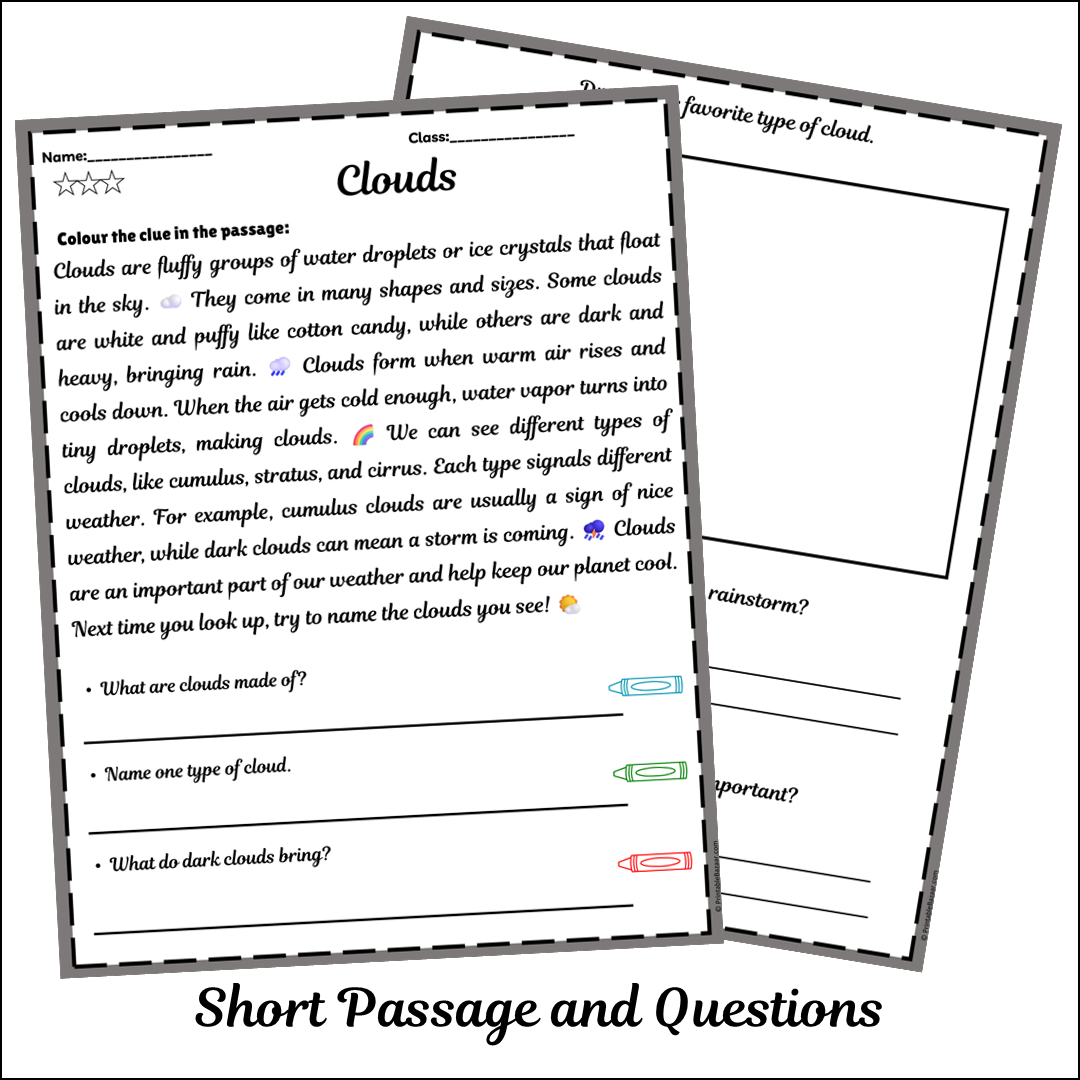 Clouds | Short Reading Comprehension Creative Worksheet