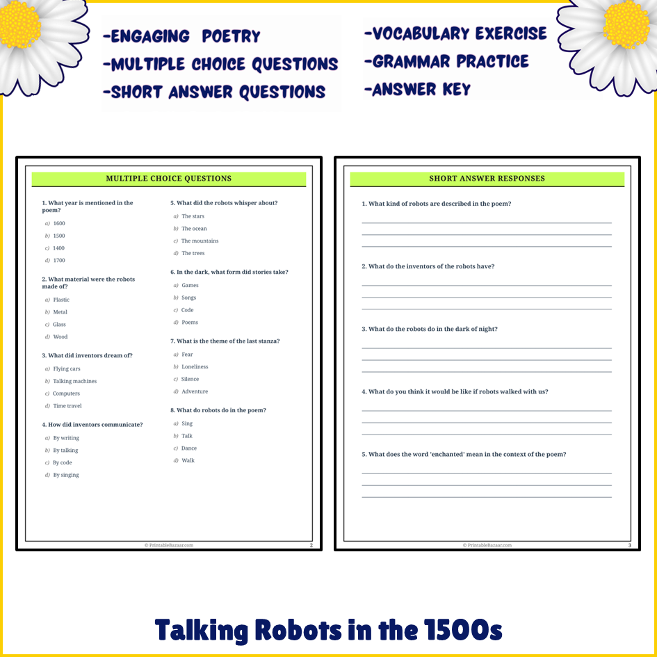 Talking Robots in the 1500s | Poem Grammar Worksheet Printable Activity