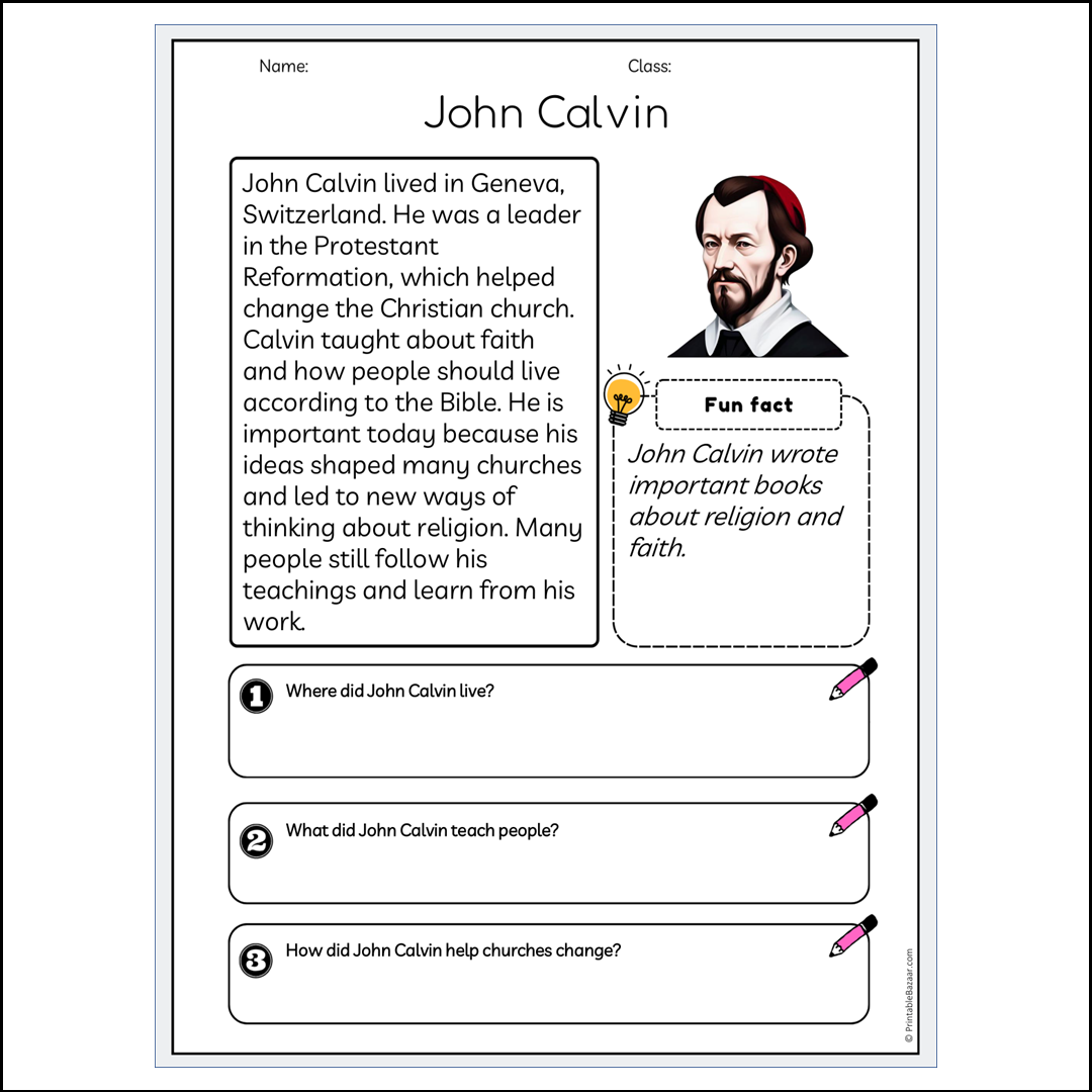 John Calvin | Reading Passage Comprehension Questions Writing Facts Worksheet