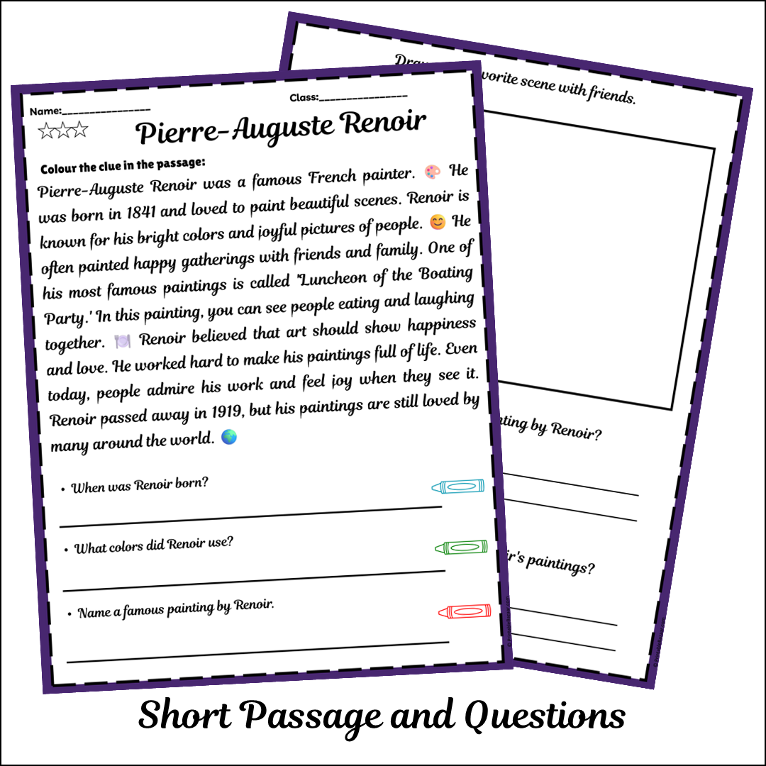 Pierre-Auguste Renoir | Short Reading Comprehension Creative Worksheet