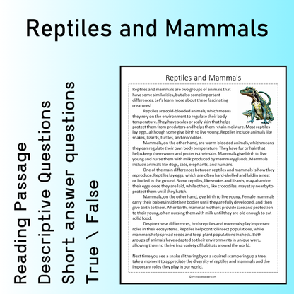 Reptiles and Mammals | Reading Comprehension Passage Printable Worksheet