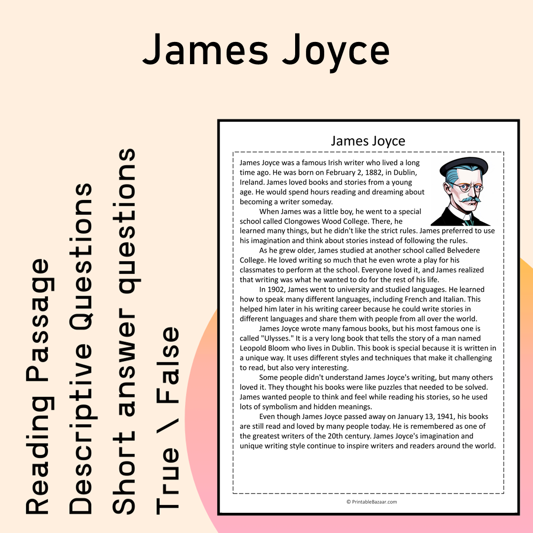 James Joyce | Reading Comprehension Passage Printable Activity