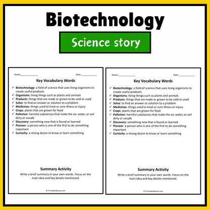 Biotechnology | Science Story Reading Comprehension Activity
