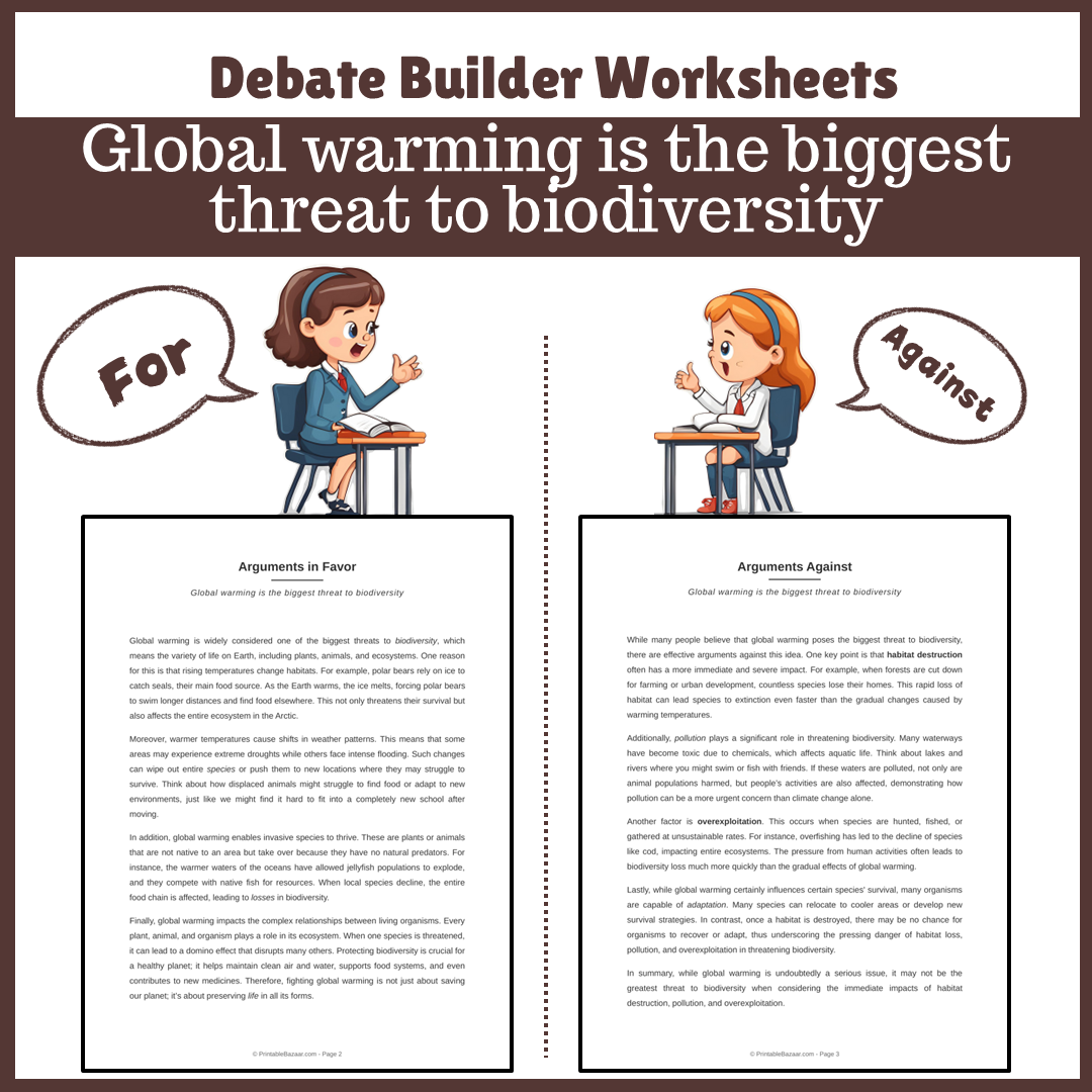 Global warming is the biggest threat to biodiversity | Favour and Against Worksheet Printable Activity