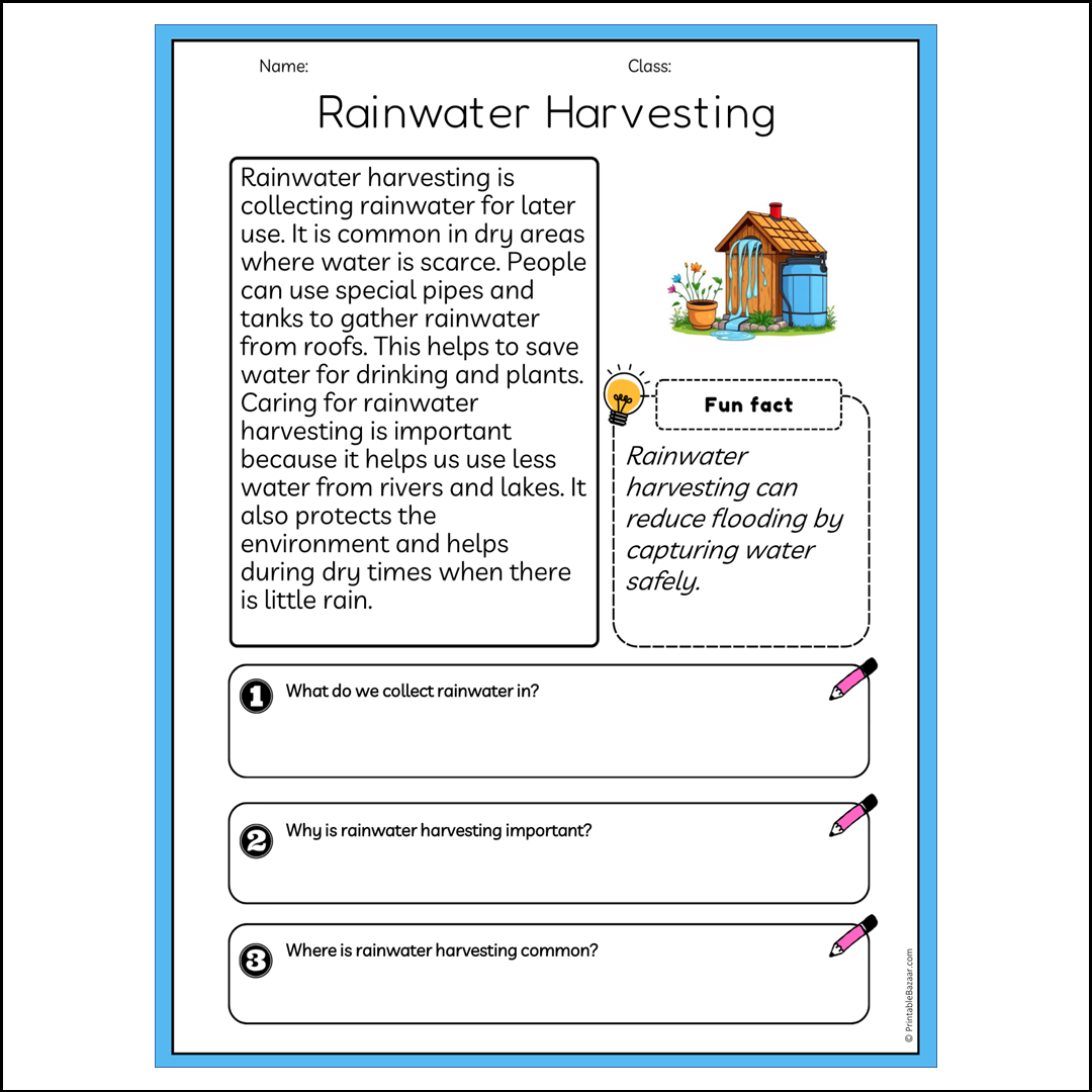 Rainwater Harvesting | Reading Passage Comprehension Questions Writing Facts Worksheet