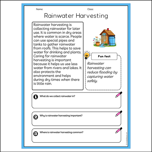 Rainwater Harvesting | Reading Passage Comprehension Questions Writing Facts Worksheet