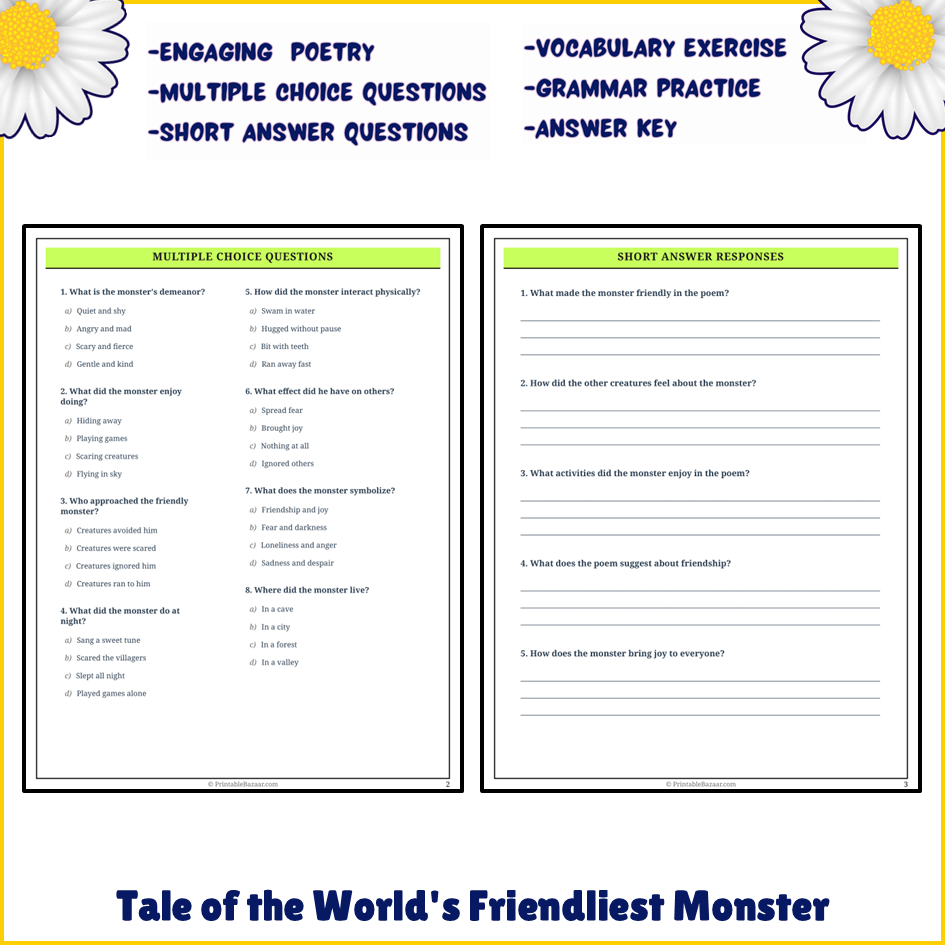 Tale of the World's Friendliest Monster | Poem Grammar Worksheet Printable Activity