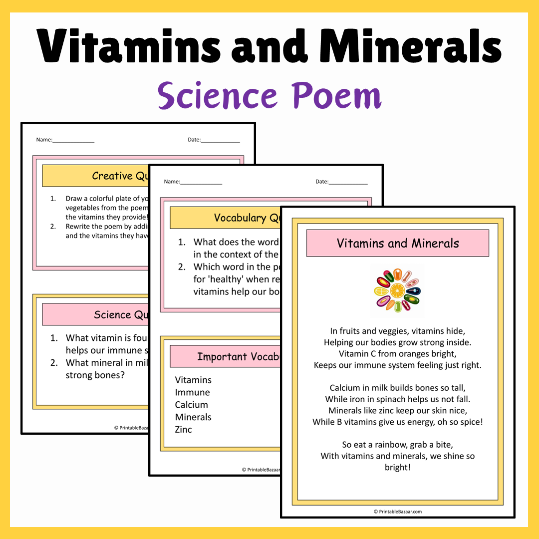 Vitamins and Minerals | Science Poem Reading Comprehension Activity