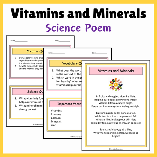 Vitamins and Minerals | Science Poem Reading Comprehension Activity