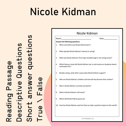 Nicole Kidman | Reading Comprehension Passage Printable Activity