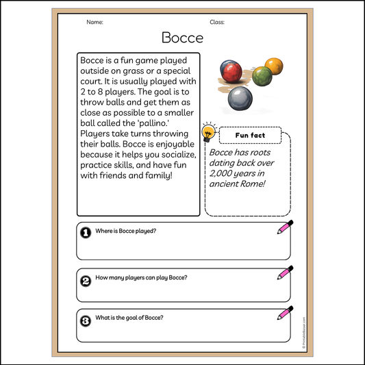 Bocce | Reading Passage Comprehension Questions Writing Facts Worksheet