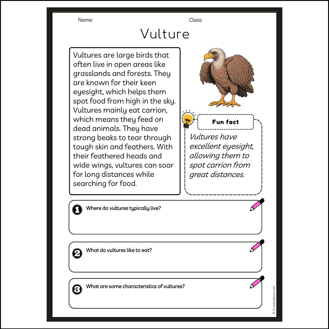 Vulture | Reading Passage Comprehension Questions Writing Facts Worksheet