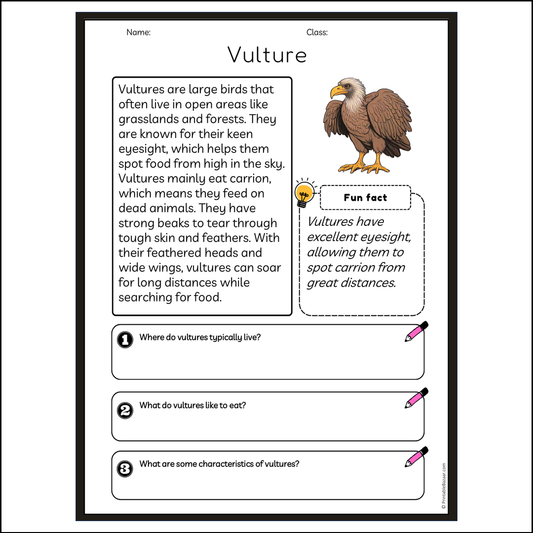 Vulture | Reading Passage Comprehension Questions Writing Facts Worksheet