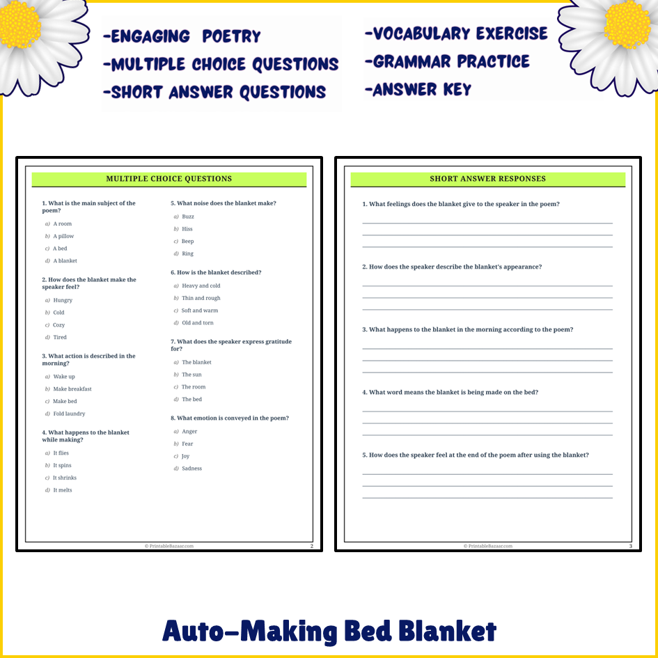 Auto-Making Bed Blanket | Poem Grammar Worksheet Printable Activity