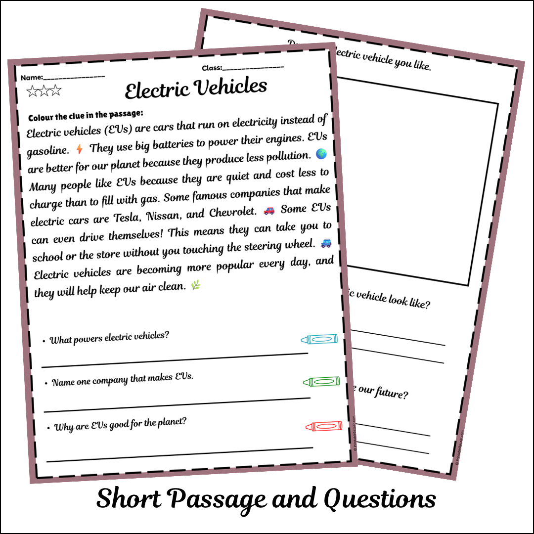 Electric Vehicles | Short Reading Comprehension Creative Worksheet