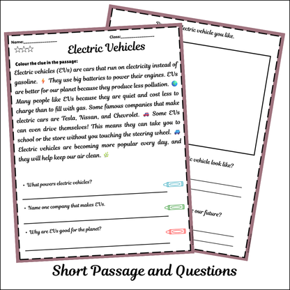 Electric Vehicles | Short Reading Comprehension Creative Worksheet