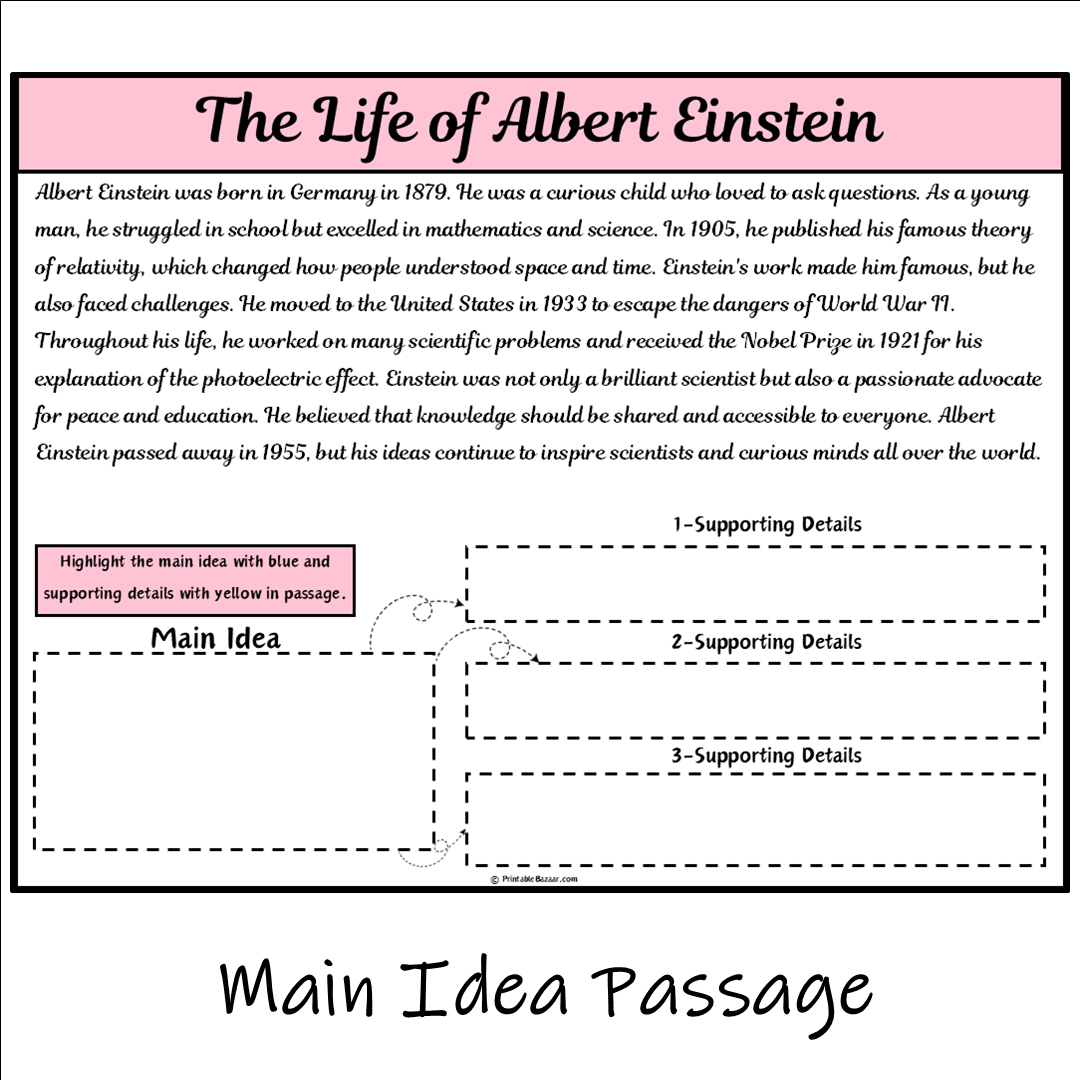 The Life of Albert Einstein | Main Idea and Supporting Details Reading Passage and Questions