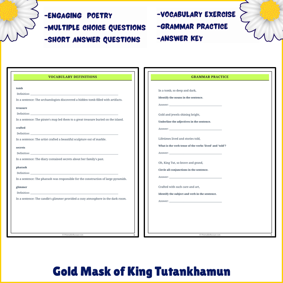 Gold Mask of King Tutankhamun | Poem Grammar Worksheet Printable Activity