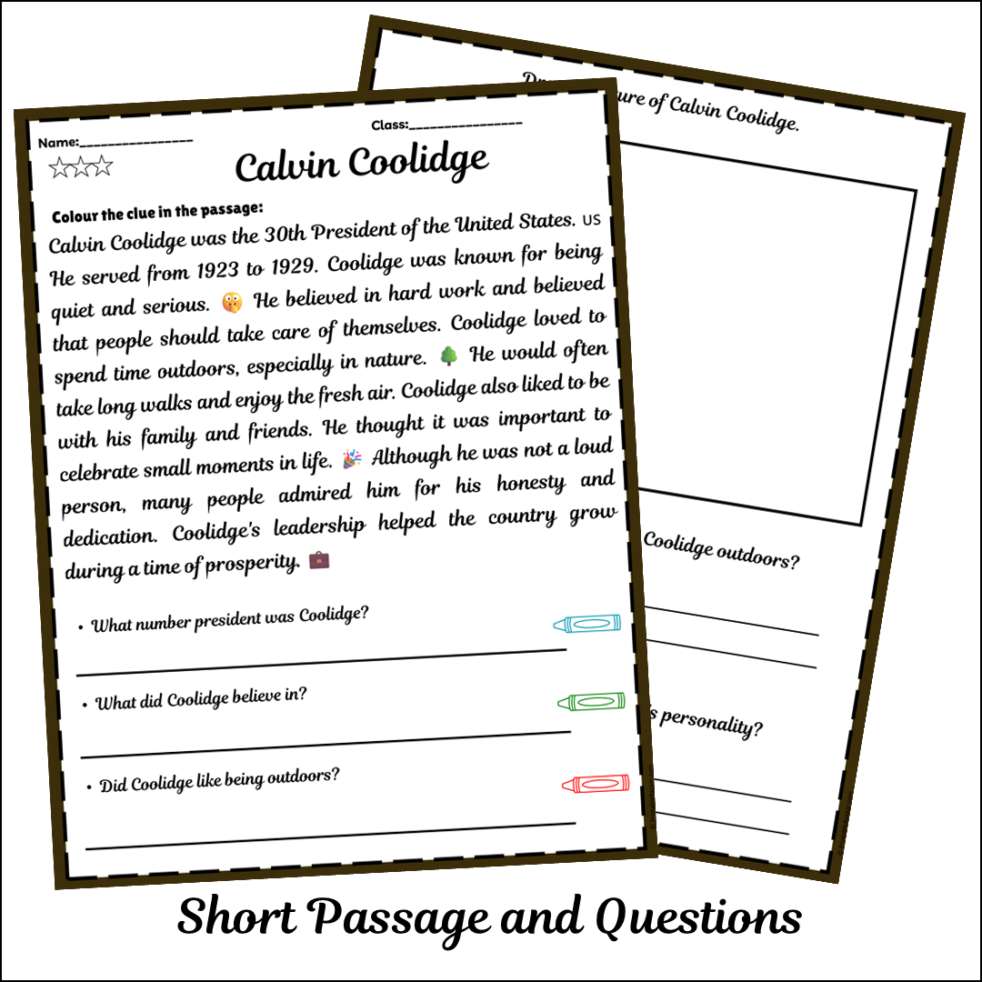 Calvin Coolidge | Short Reading Comprehension Creative Worksheet
